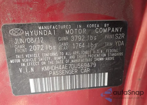 2013 Hyundai Elantra Limited z USA, uszkodzony, nr VIN KMHDH4AE7DU569479